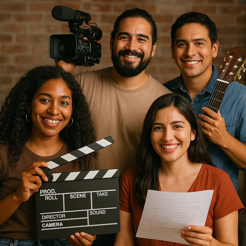 Creado por ChatGPT con la instrucción: creando una imagen fotográfica en la que se represente al sector creativo del cine, la música y el guión en América latina, incluyendo mujeres y hombres con características raciales de la región